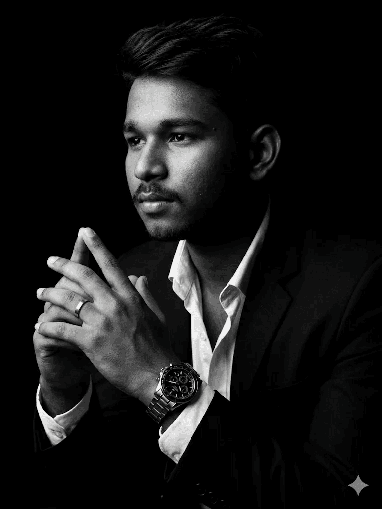 A sophisticated black and white portrait